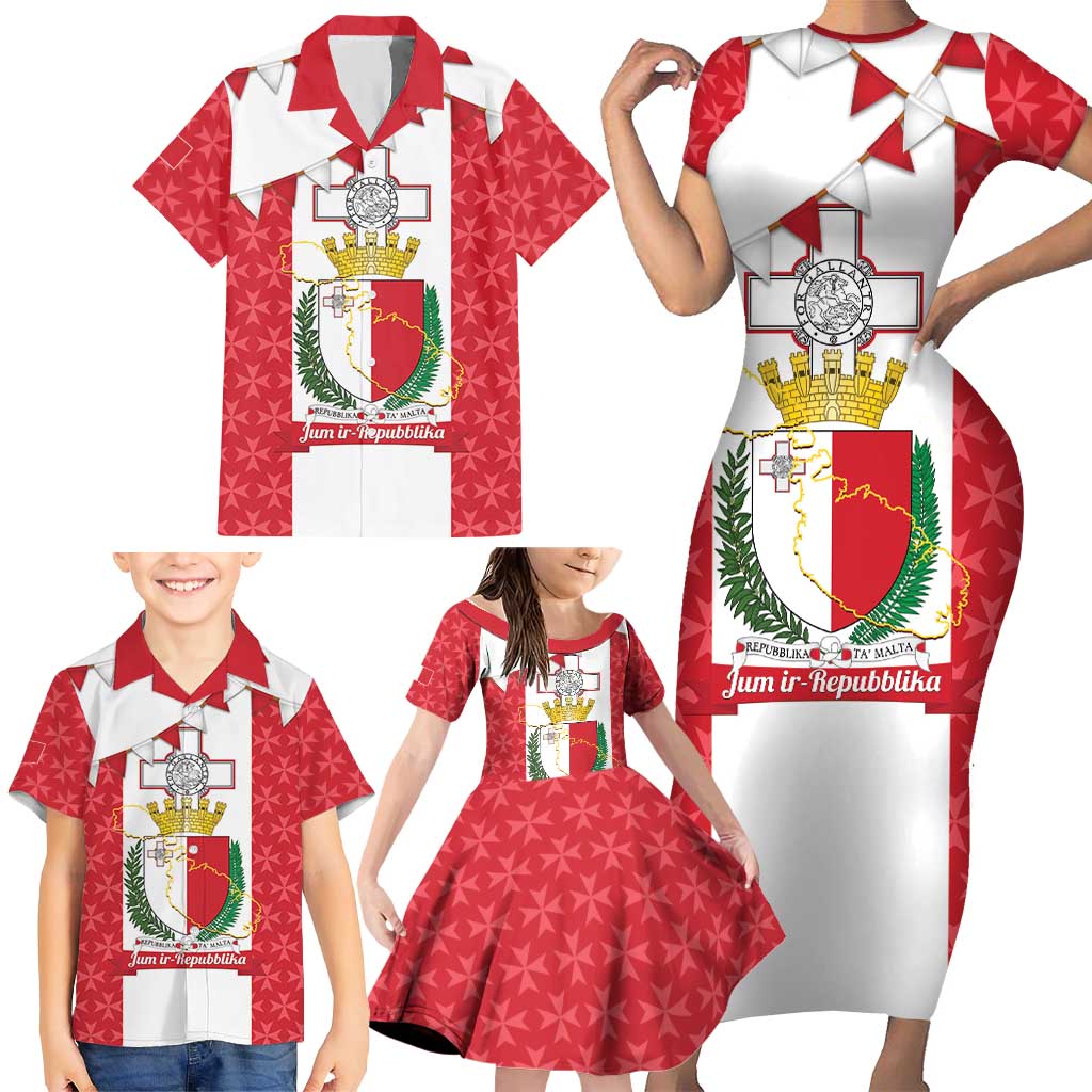 Malta Republic Day Family Matching Short Sleeve Bodycon Dress and Hawaiian Shirt Jum ir-Repubblika Maltese Cross - Wonder Print Shop