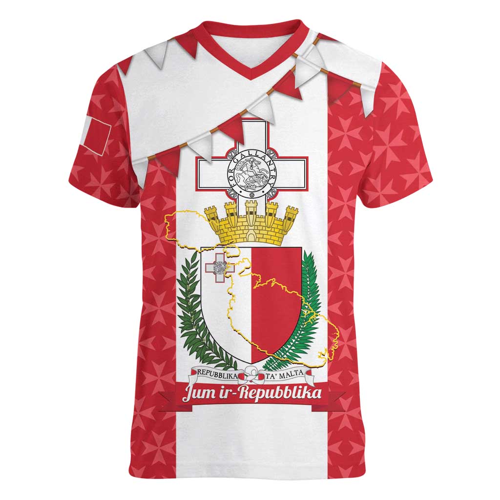 Malta Republic Day Women V-Neck T-Shirt Jum ir-Repubblika Maltese Cross - Wonder Print Shop