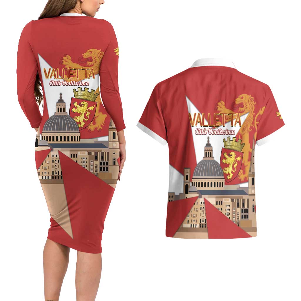 Valletta Malta Couples Matching Long Sleeve Bodycon Dress and Hawaiian Shirt Maltese Cross Citta Umilissima - Wonder Print Shop