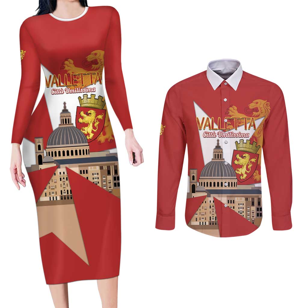 Valletta Malta Couples Matching Long Sleeve Bodycon Dress and Long Sleeve Button Shirt Maltese Cross Citta Umilissima - Wonder Print Shop
