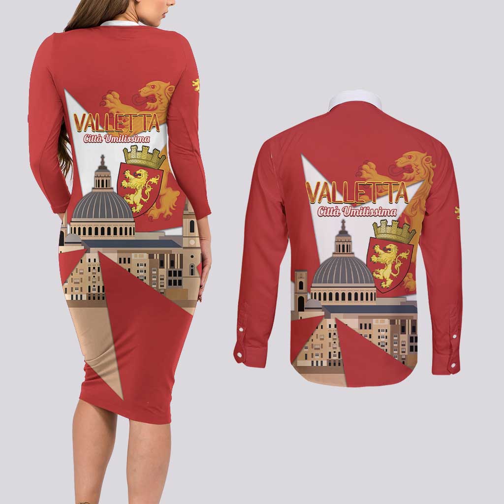 Valletta Malta Couples Matching Long Sleeve Bodycon Dress and Long Sleeve Button Shirt Maltese Cross Citta Umilissima - Wonder Print Shop