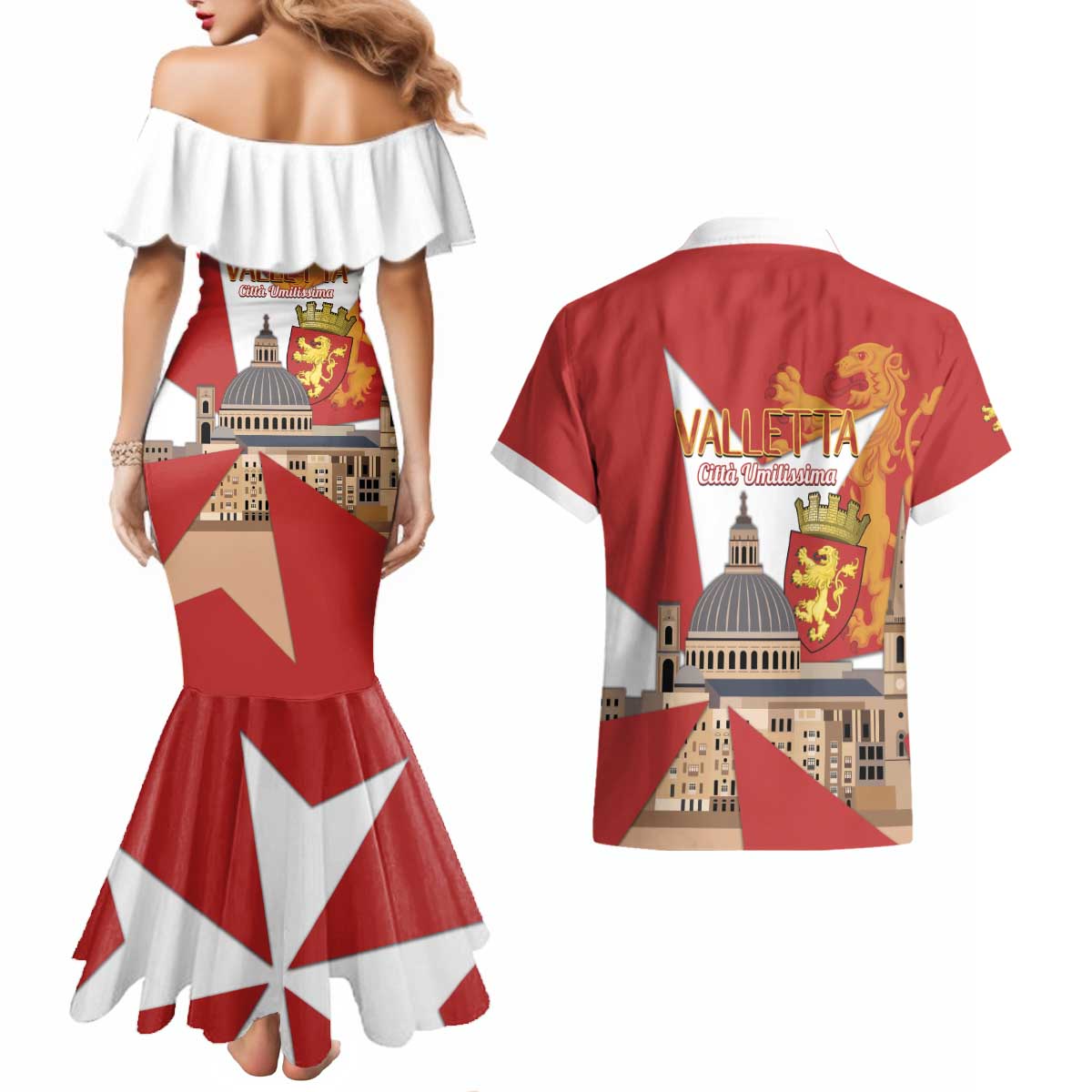 Valletta Malta Couples Matching Mermaid Dress and Hawaiian Shirt Maltese Cross Citta Umilissima - Wonder Print Shop
