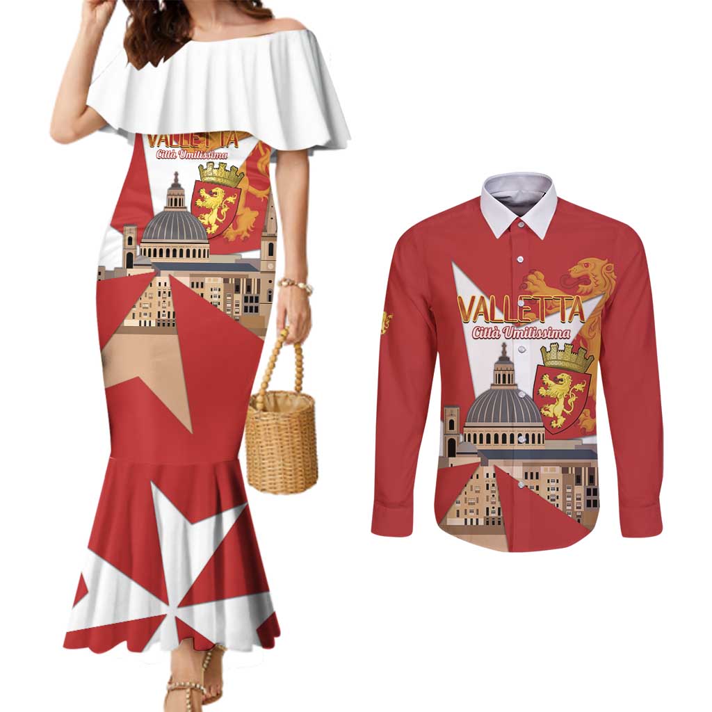 Valletta Malta Couples Matching Mermaid Dress and Long Sleeve Button Shirt Maltese Cross Citta Umilissima - Wonder Print Shop