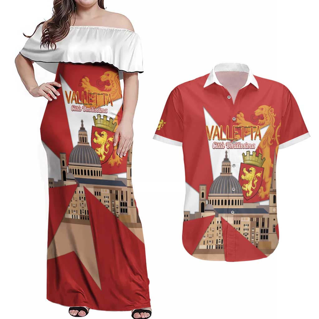 Valletta Malta Couples Matching Off Shoulder Maxi Dress and Hawaiian Shirt Maltese Cross Citta Umilissima - Wonder Print Shop