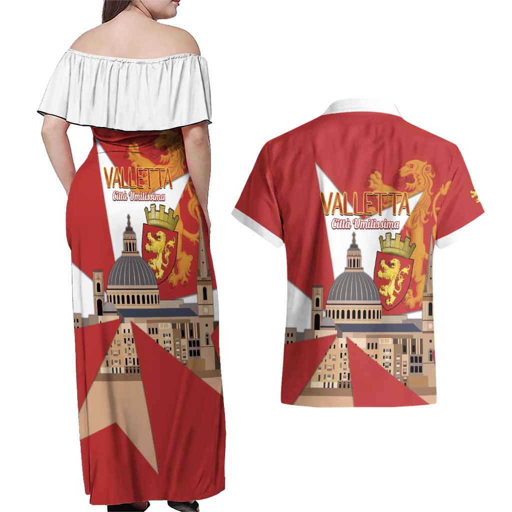 Valletta Malta Couples Matching Off Shoulder Maxi Dress and Hawaiian Shirt Maltese Cross Citta Umilissima - Wonder Print Shop