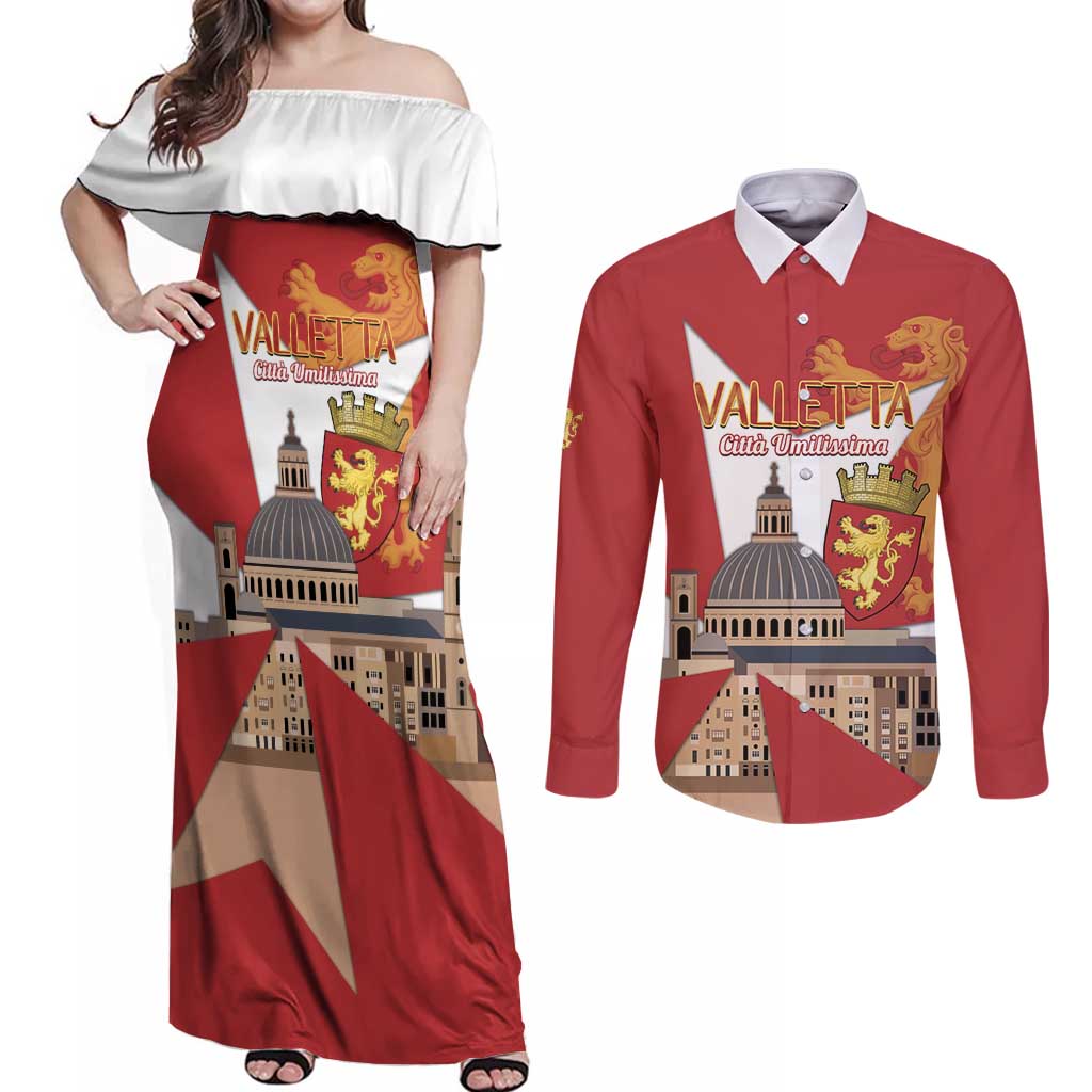 Valletta Malta Couples Matching Off Shoulder Maxi Dress and Long Sleeve Button Shirt Maltese Cross Citta Umilissima - Wonder Print Shop