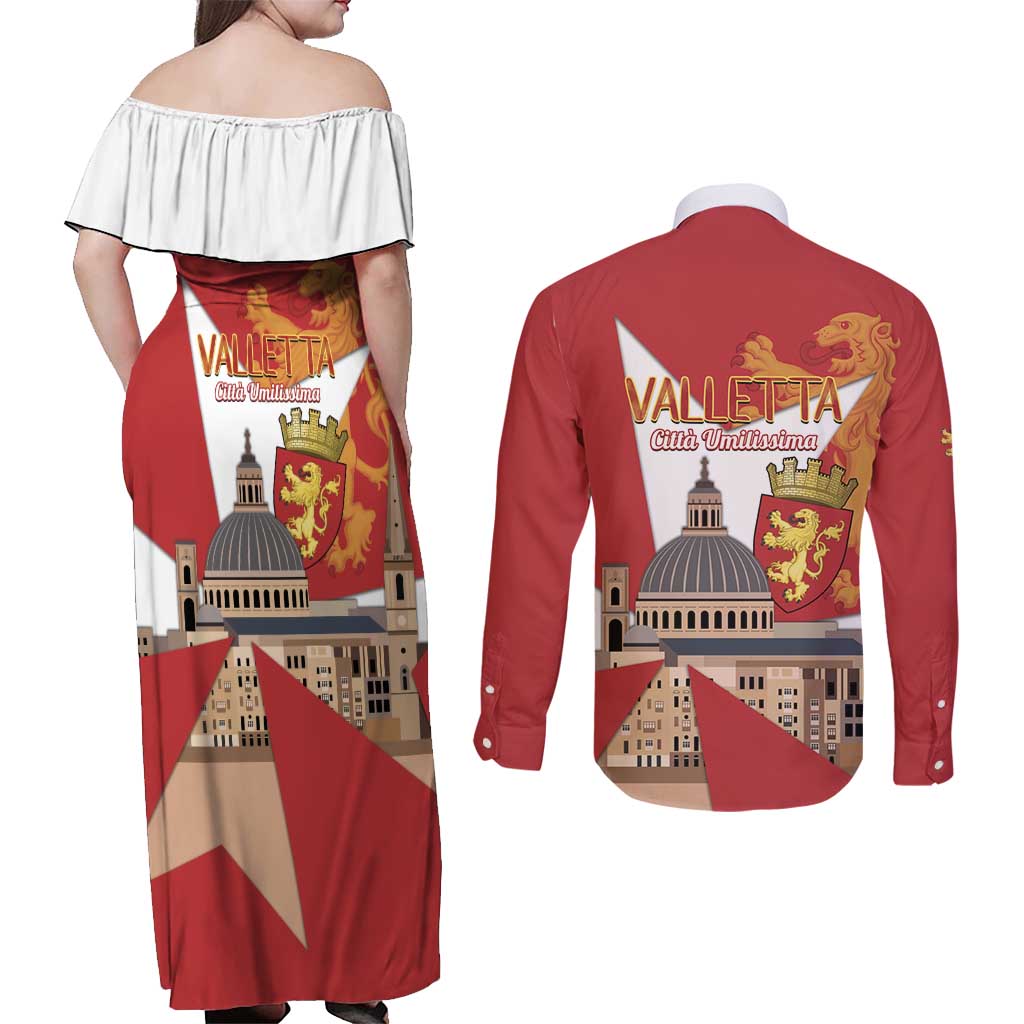 Valletta Malta Couples Matching Off Shoulder Maxi Dress and Long Sleeve Button Shirt Maltese Cross Citta Umilissima - Wonder Print Shop