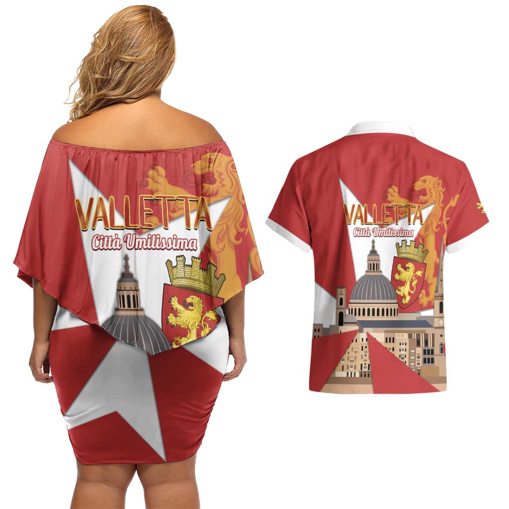 Valletta Malta Couples Matching Off Shoulder Short Dress and Hawaiian Shirt Maltese Cross Citta Umilissima - Wonder Print Shop