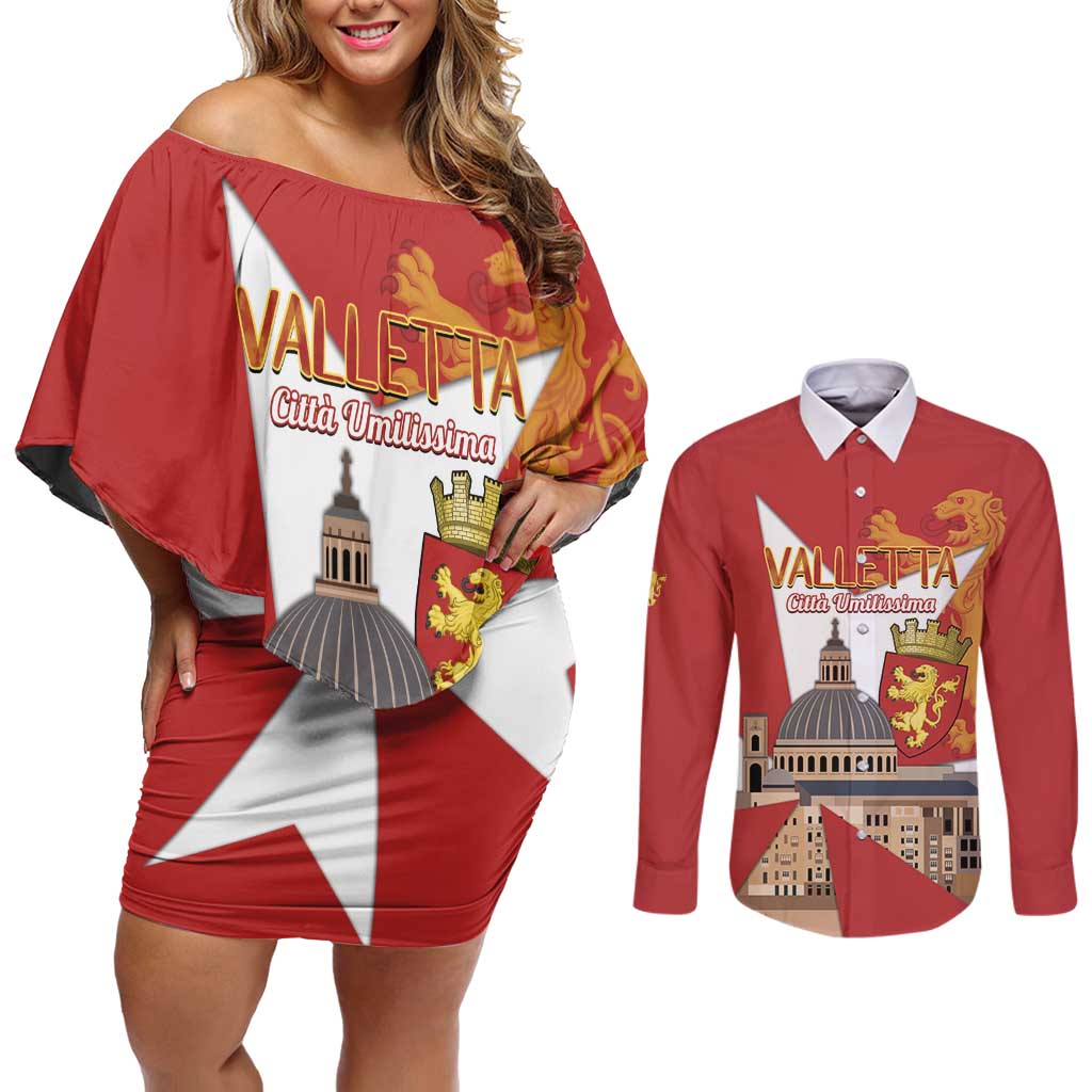 Valletta Malta Couples Matching Off Shoulder Short Dress and Long Sleeve Button Shirt Maltese Cross Citta Umilissima - Wonder Print Shop