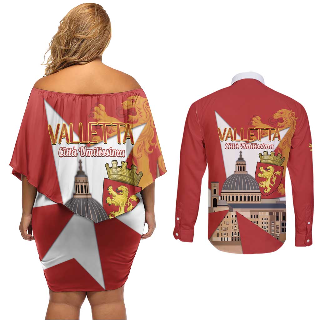 Valletta Malta Couples Matching Off Shoulder Short Dress and Long Sleeve Button Shirt Maltese Cross Citta Umilissima - Wonder Print Shop