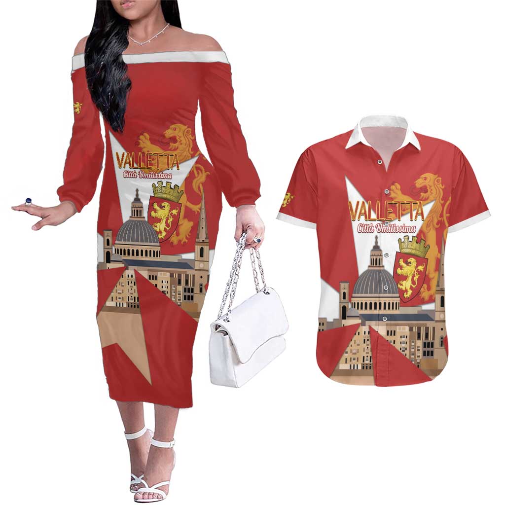 Valletta Malta Couples Matching Off The Shoulder Long Sleeve Dress and Hawaiian Shirt Maltese Cross Citta Umilissima - Wonder Print Shop
