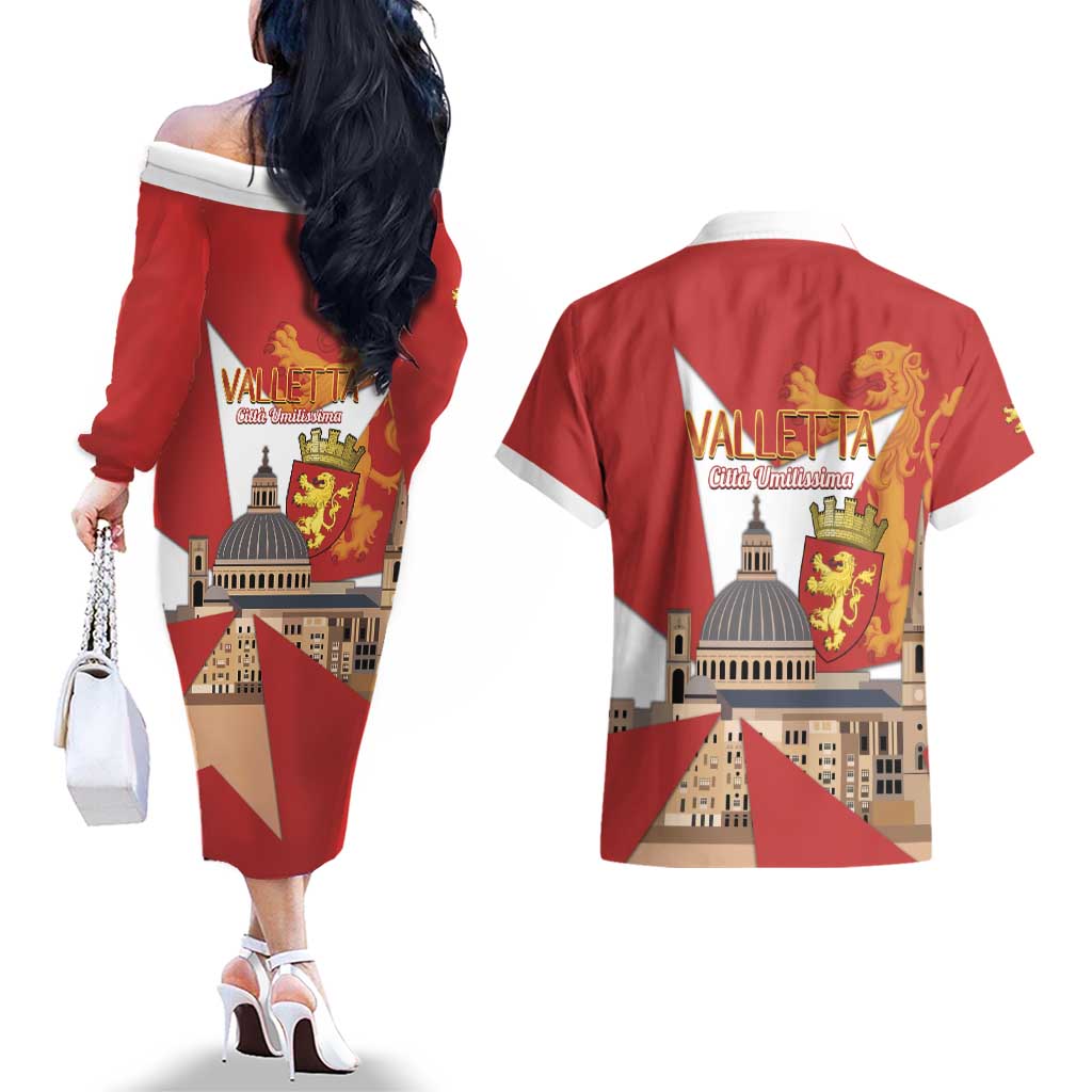 Valletta Malta Couples Matching Off The Shoulder Long Sleeve Dress and Hawaiian Shirt Maltese Cross Citta Umilissima - Wonder Print Shop
