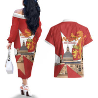 Valletta Malta Couples Matching Off The Shoulder Long Sleeve Dress and Hawaiian Shirt Maltese Cross Citta Umilissima - Wonder Print Shop