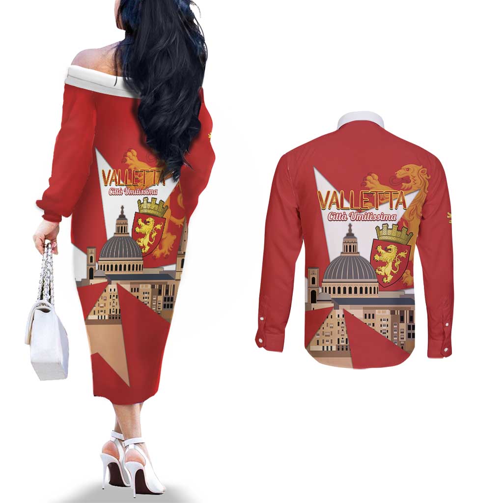 Valletta Malta Couples Matching Off The Shoulder Long Sleeve Dress and Long Sleeve Button Shirt Maltese Cross Citta Umilissima - Wonder Print Shop