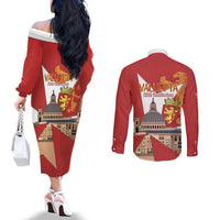 Valletta Malta Couples Matching Off The Shoulder Long Sleeve Dress and Long Sleeve Button Shirt Maltese Cross Citta Umilissima - Wonder Print Shop