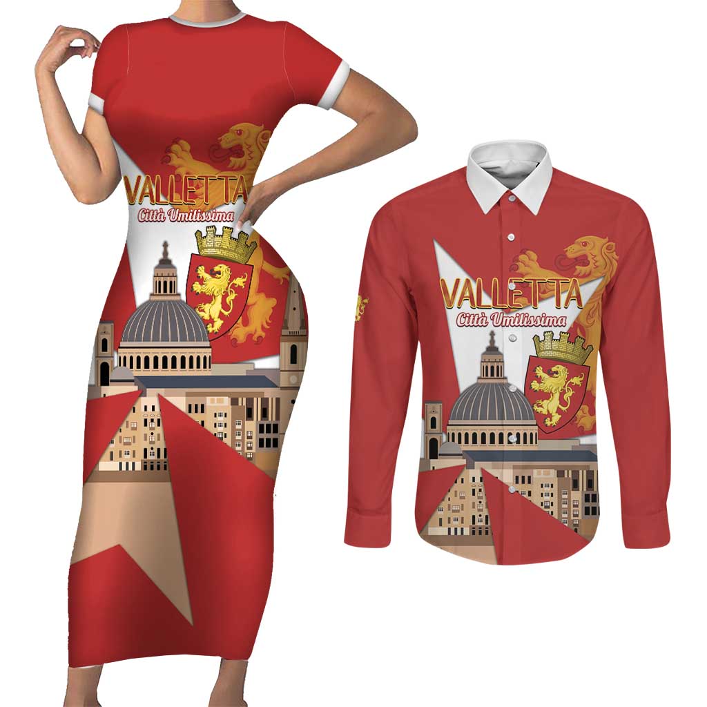 Valletta Malta Couples Matching Short Sleeve Bodycon Dress and Long Sleeve Button Shirt Maltese Cross Citta Umilissima - Wonder Print Shop