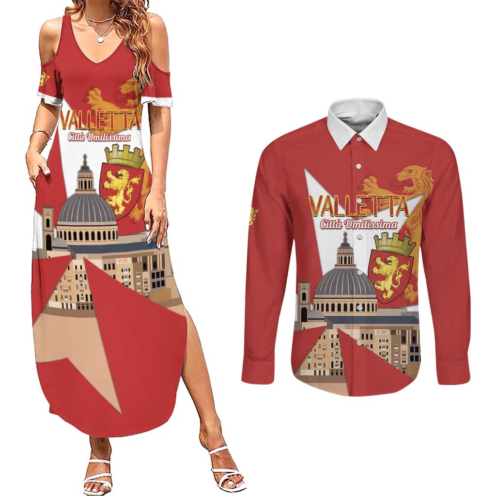 Valletta Malta Couples Matching Summer Maxi Dress and Long Sleeve Button Shirt Maltese Cross Citta Umilissima - Wonder Print Shop