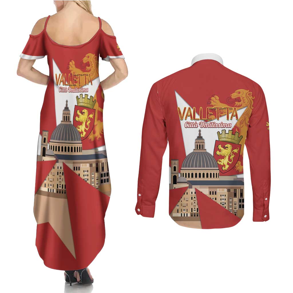 Valletta Malta Couples Matching Summer Maxi Dress and Long Sleeve Button Shirt Maltese Cross Citta Umilissima - Wonder Print Shop