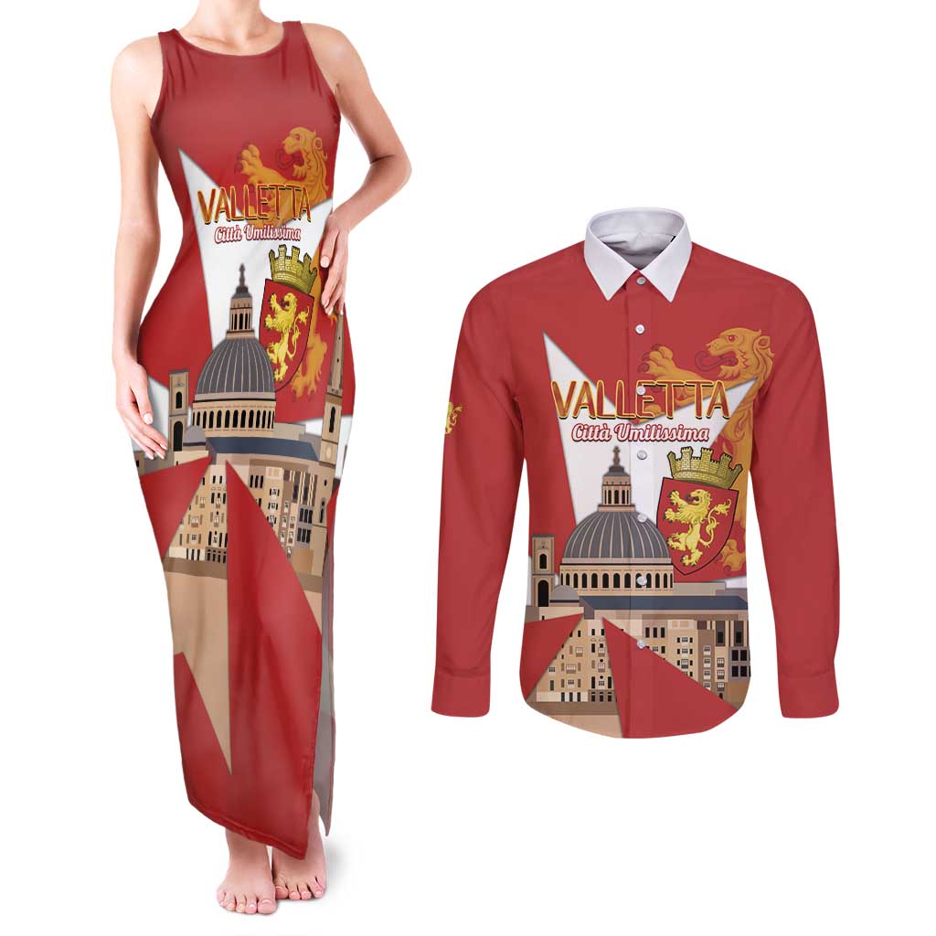 Valletta Malta Couples Matching Tank Maxi Dress and Long Sleeve Button Shirt Maltese Cross Citta Umilissima - Wonder Print Shop