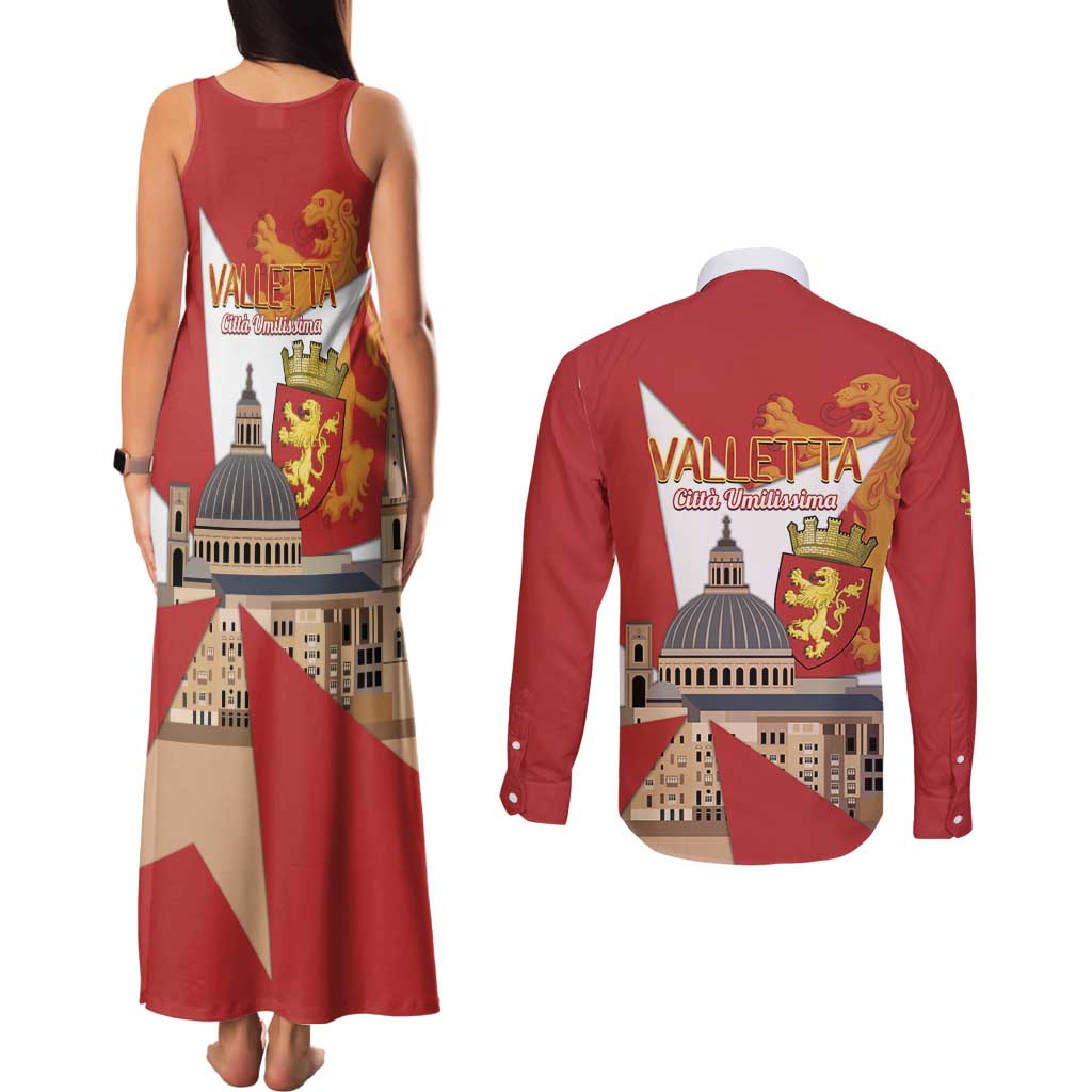 Valletta Malta Couples Matching Tank Maxi Dress and Long Sleeve Button Shirt Maltese Cross Citta Umilissima - Wonder Print Shop