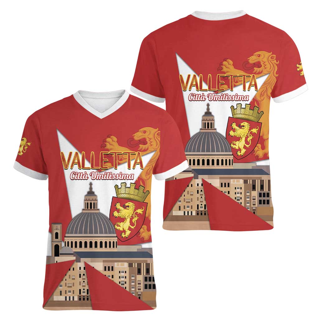 Valletta Malta Women V-Neck T-Shirt Maltese Cross Citta Umilissima - Wonder Print Shop