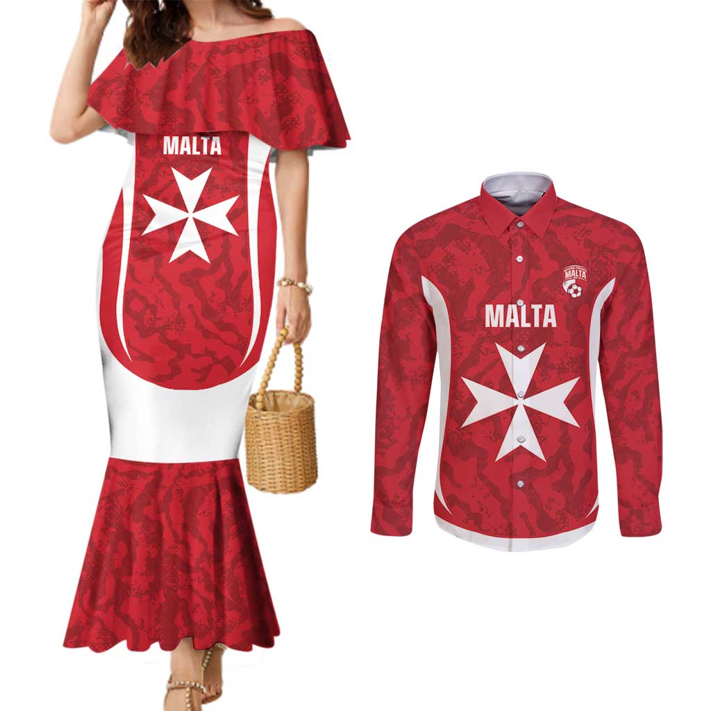 Malta Football Custom Couples Matching Mermaid Dress and Long Sleeve Button Shirt Come One Reds - Wonder Print Shop