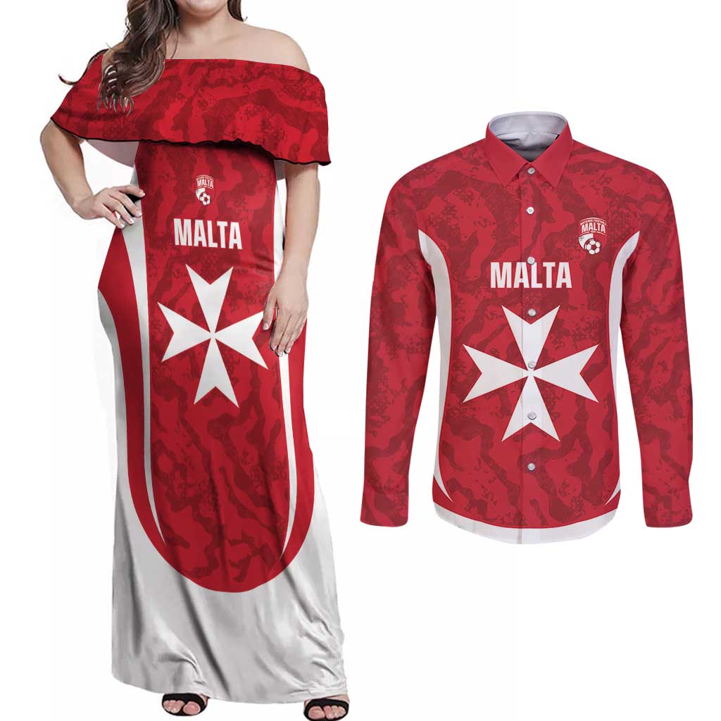 Malta Football Custom Couples Matching Off Shoulder Maxi Dress and Long Sleeve Button Shirt Come One Reds - Wonder Print Shop