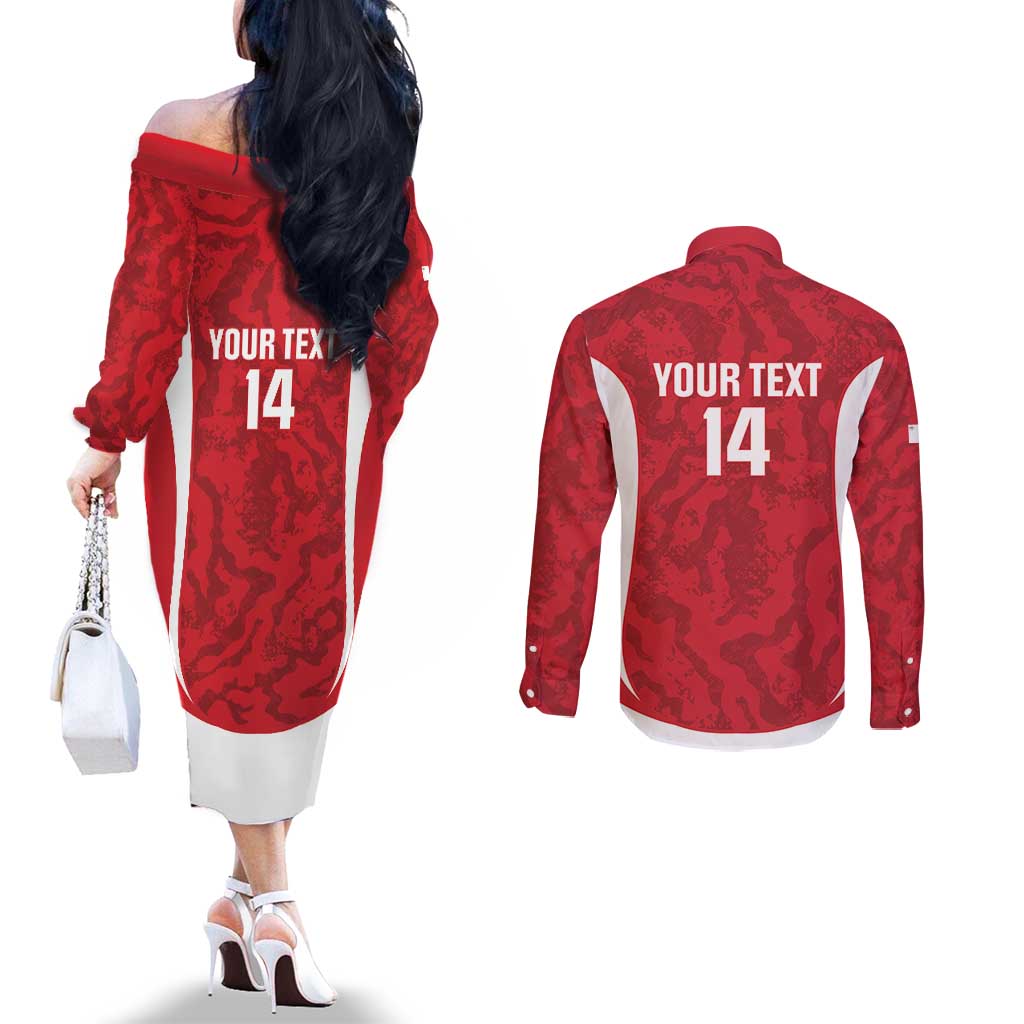 Malta Football Custom Couples Matching Off The Shoulder Long Sleeve Dress and Long Sleeve Button Shirt Come One Reds - Wonder Print Shop