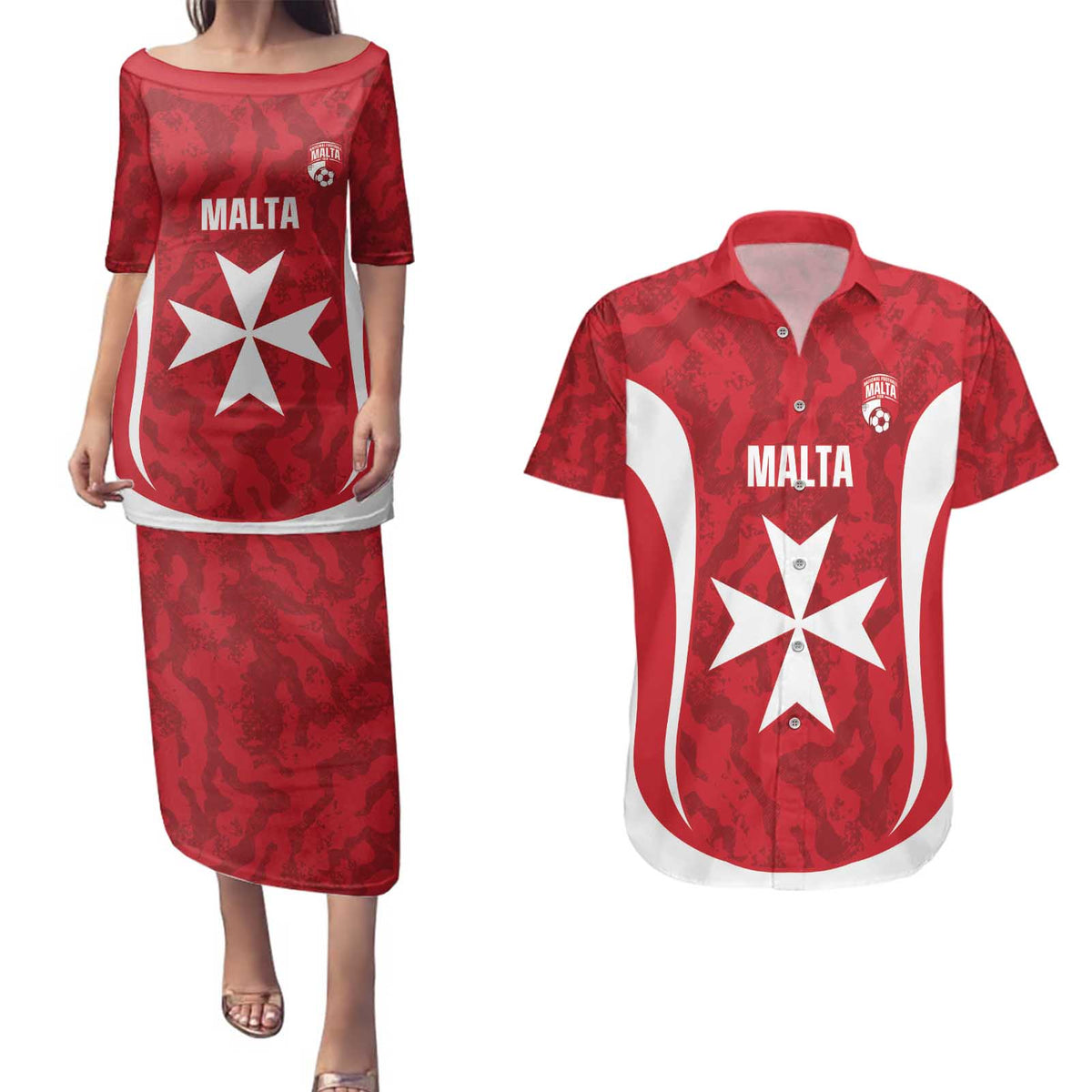 Malta Football Custom Couples Matching Puletasi and Hawaiian Shirt Come One Reds - Wonder Print Shop
