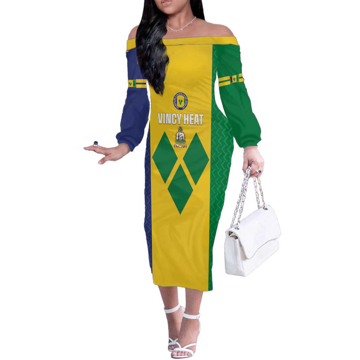 Custom Saint Vincent and the Grenadines Football Family Matching Off The Shoulder Long Sleeve Dress and Hawaiian Shirt Go Champions Vincy Heat