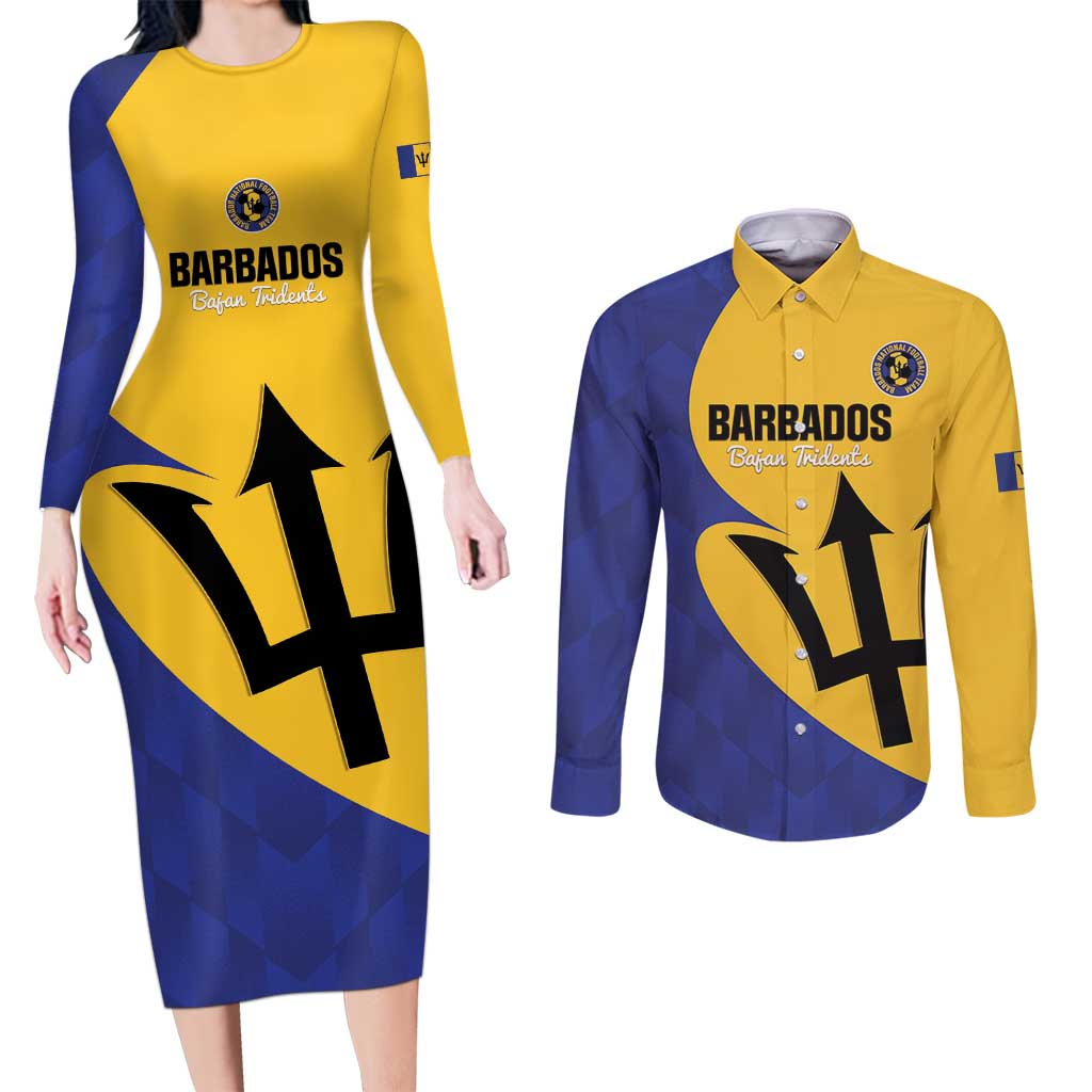 Custom Barbados Football Couples Matching Long Sleeve Bodycon Dress and Long Sleeve Button Shirt Go Champions Bajan Tridents