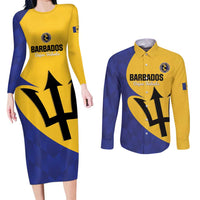 Custom Barbados Football Couples Matching Long Sleeve Bodycon Dress and Long Sleeve Button Shirt Go Champions Bajan Tridents