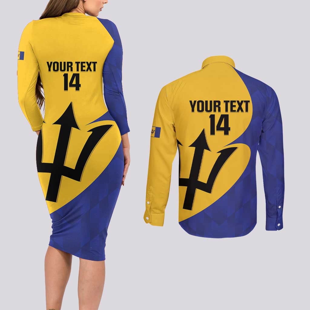 Custom Barbados Football Couples Matching Long Sleeve Bodycon Dress and Long Sleeve Button Shirt Go Champions Bajan Tridents