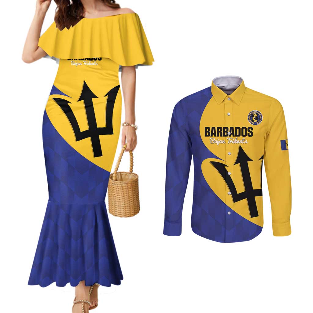 Custom Barbados Football Couples Matching Mermaid Dress and Long Sleeve Button Shirt Go Champions Bajan Tridents