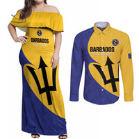 Custom Barbados Football Couples Matching Off Shoulder Maxi Dress and Long Sleeve Button Shirt Go Champions Bajan Tridents