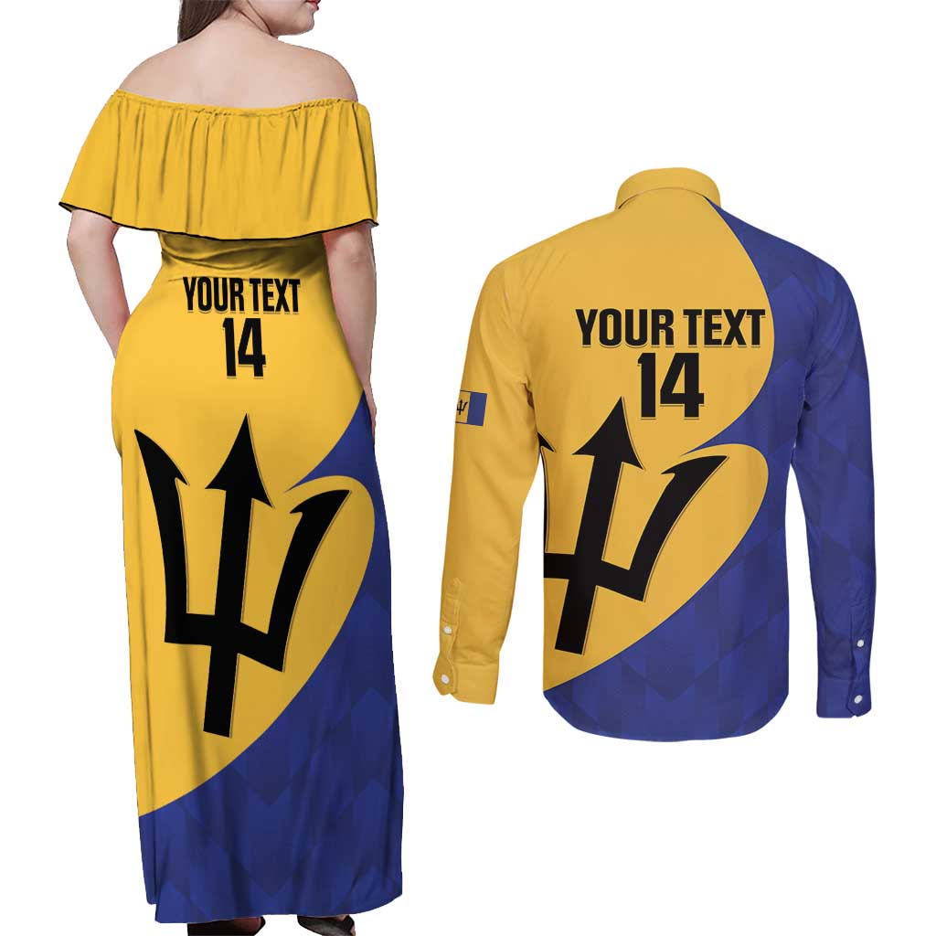 Custom Barbados Football Couples Matching Off Shoulder Maxi Dress and Long Sleeve Button Shirt Go Champions Bajan Tridents