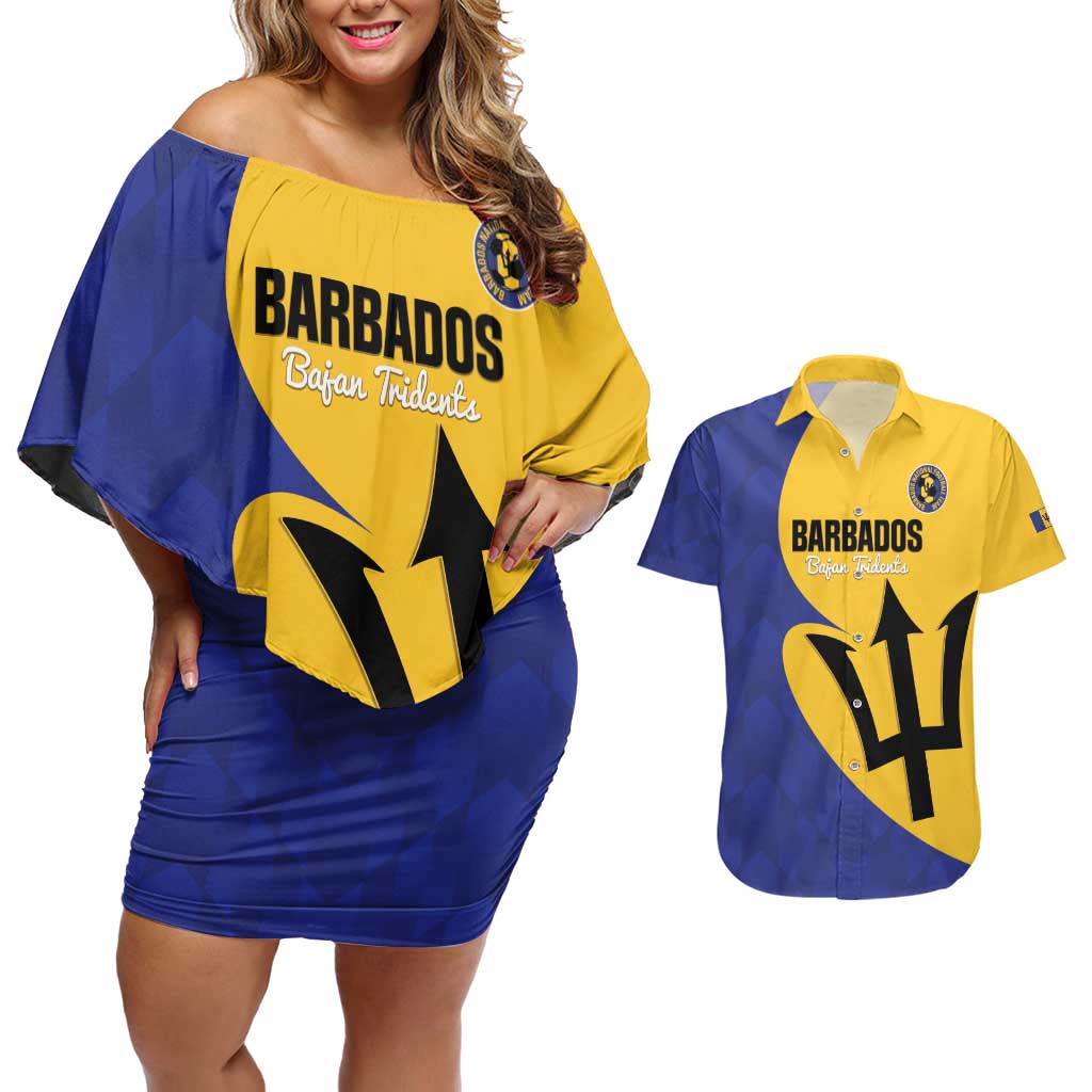 Custom Barbados Football Couples Matching Off Shoulder Short Dress and Hawaiian Shirt Go Champions Bajan Tridents