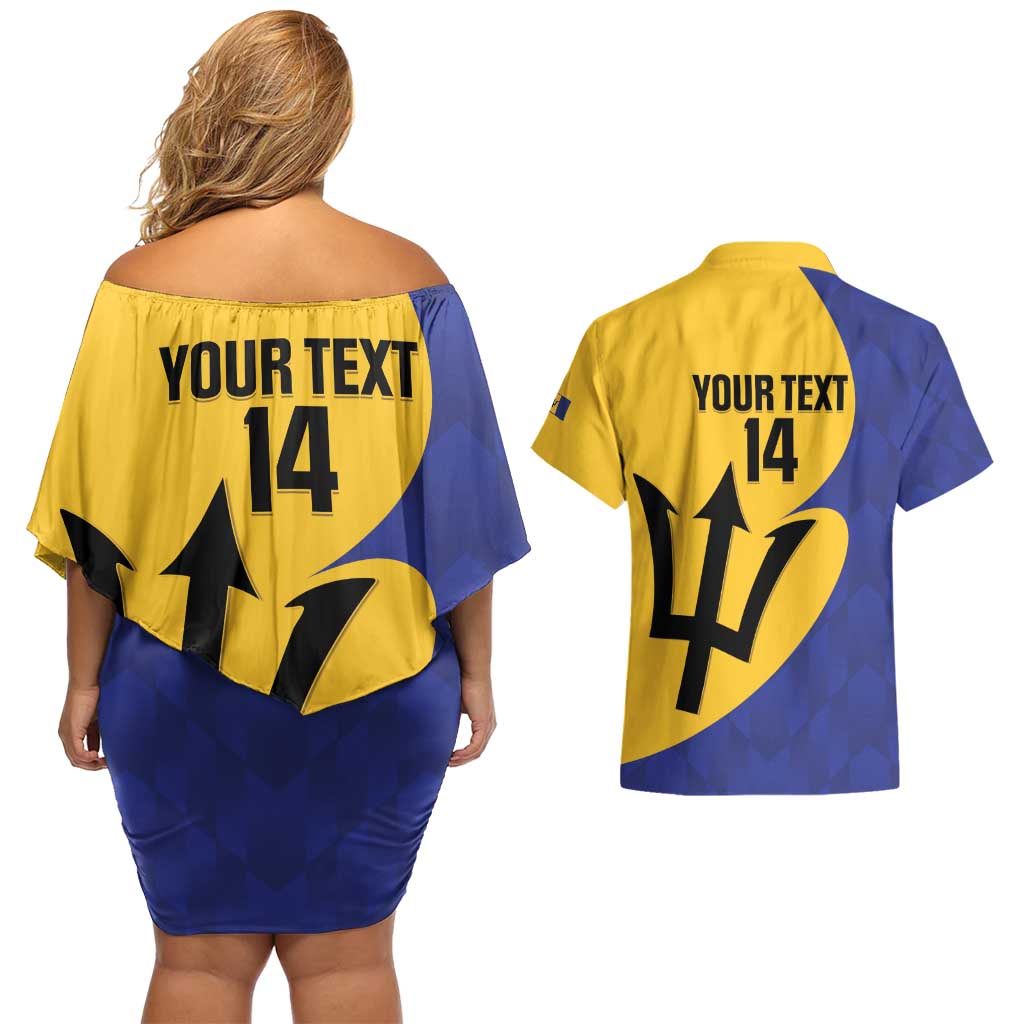Custom Barbados Football Couples Matching Off Shoulder Short Dress and Hawaiian Shirt Go Champions Bajan Tridents