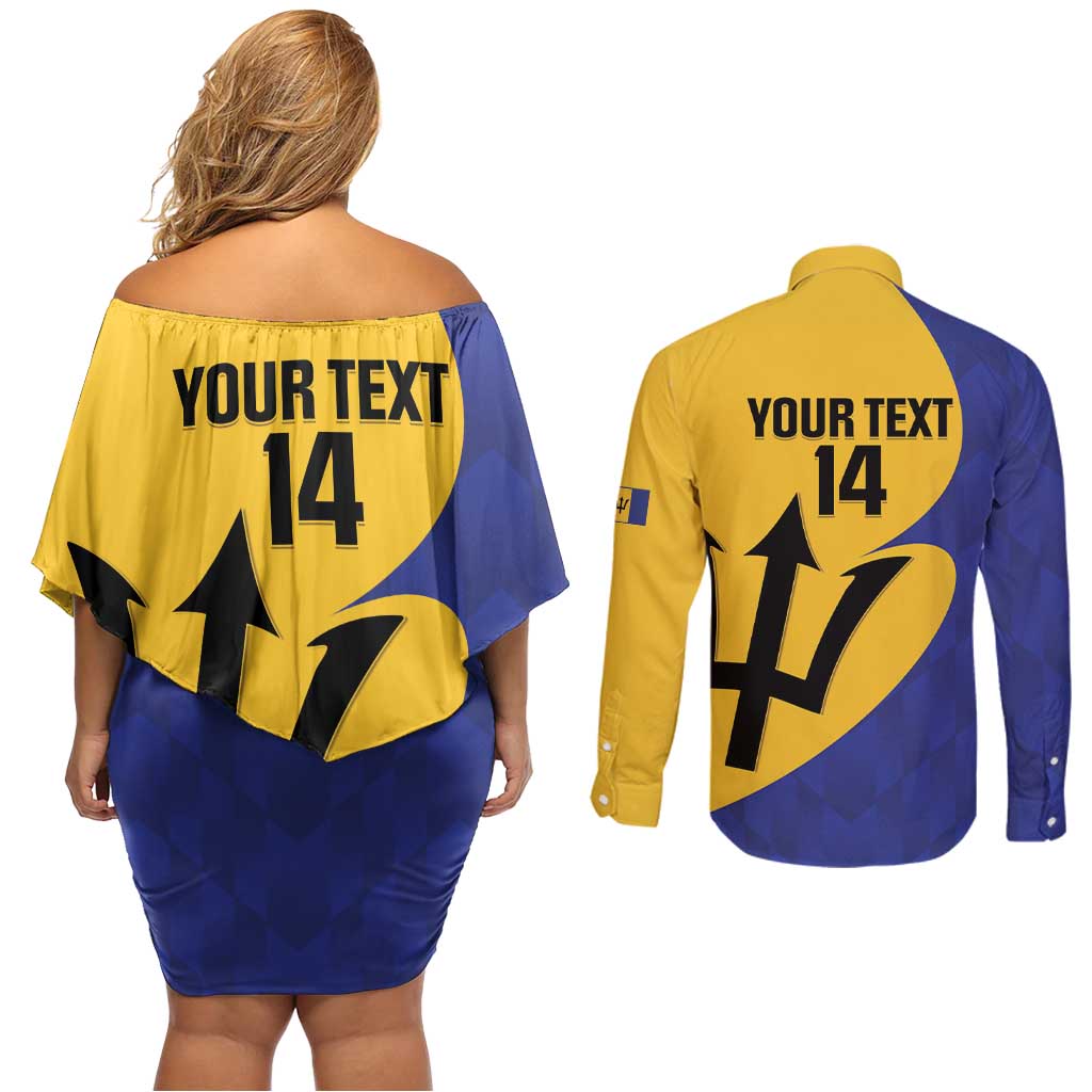 Custom Barbados Football Couples Matching Off Shoulder Short Dress and Long Sleeve Button Shirt Go Champions Bajan Tridents