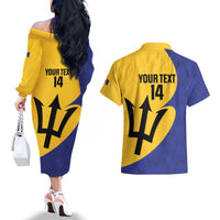 Custom Barbados Football Couples Matching Off The Shoulder Long Sleeve Dress and Hawaiian Shirt Go Champions Bajan Tridents