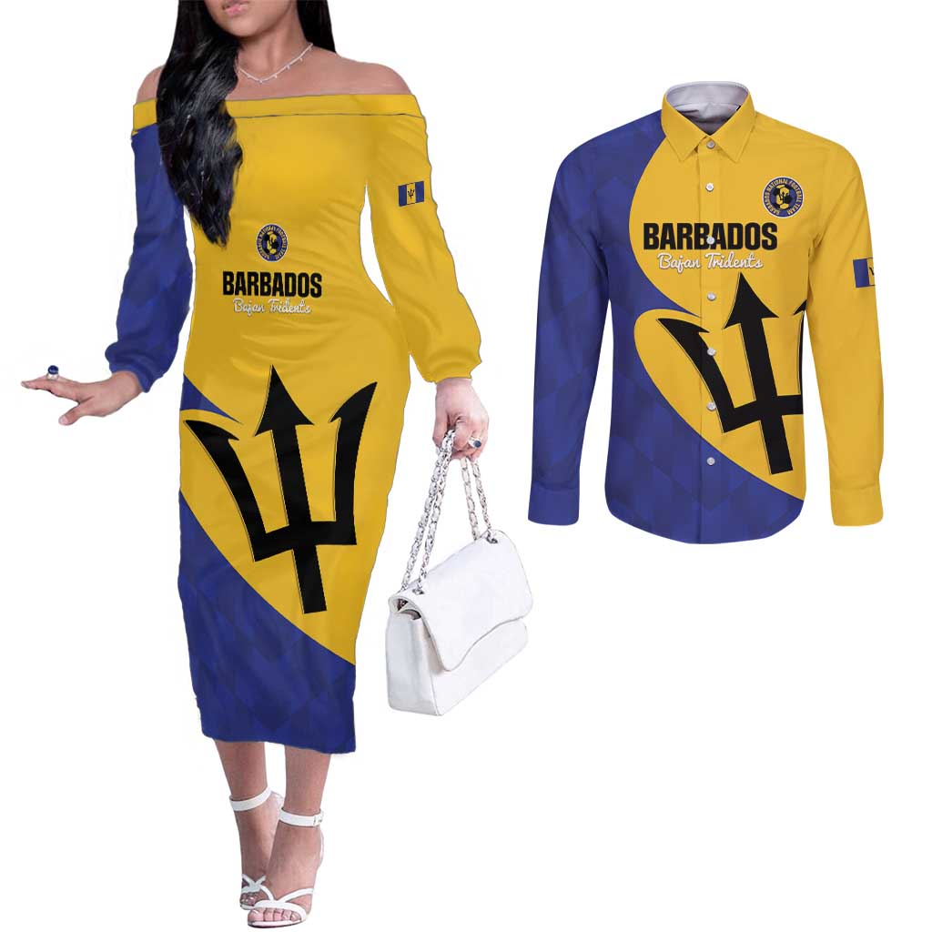 Custom Barbados Football Couples Matching Off The Shoulder Long Sleeve Dress and Long Sleeve Button Shirt Go Champions Bajan Tridents