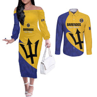 Custom Barbados Football Couples Matching Off The Shoulder Long Sleeve Dress and Long Sleeve Button Shirt Go Champions Bajan Tridents