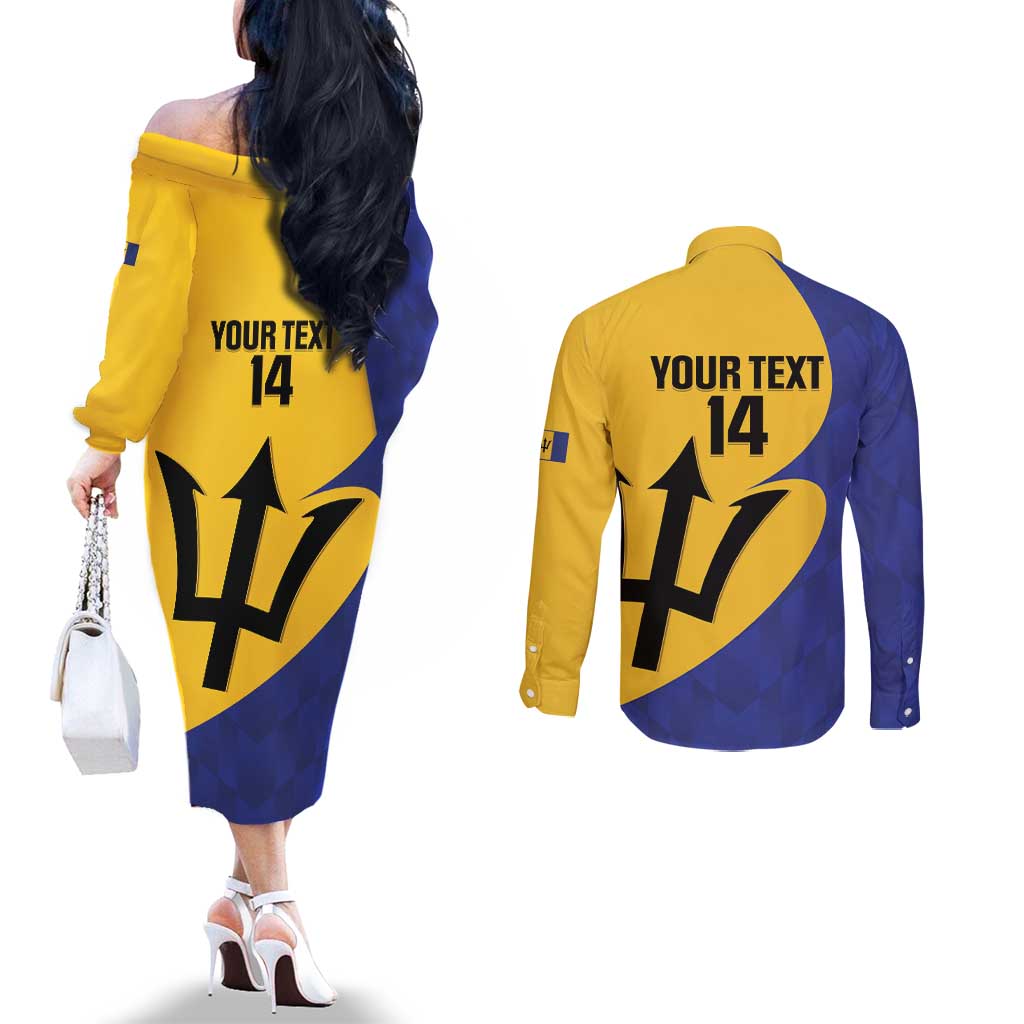 Custom Barbados Football Couples Matching Off The Shoulder Long Sleeve Dress and Long Sleeve Button Shirt Go Champions Bajan Tridents
