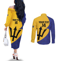 Custom Barbados Football Couples Matching Off The Shoulder Long Sleeve Dress and Long Sleeve Button Shirt Go Champions Bajan Tridents