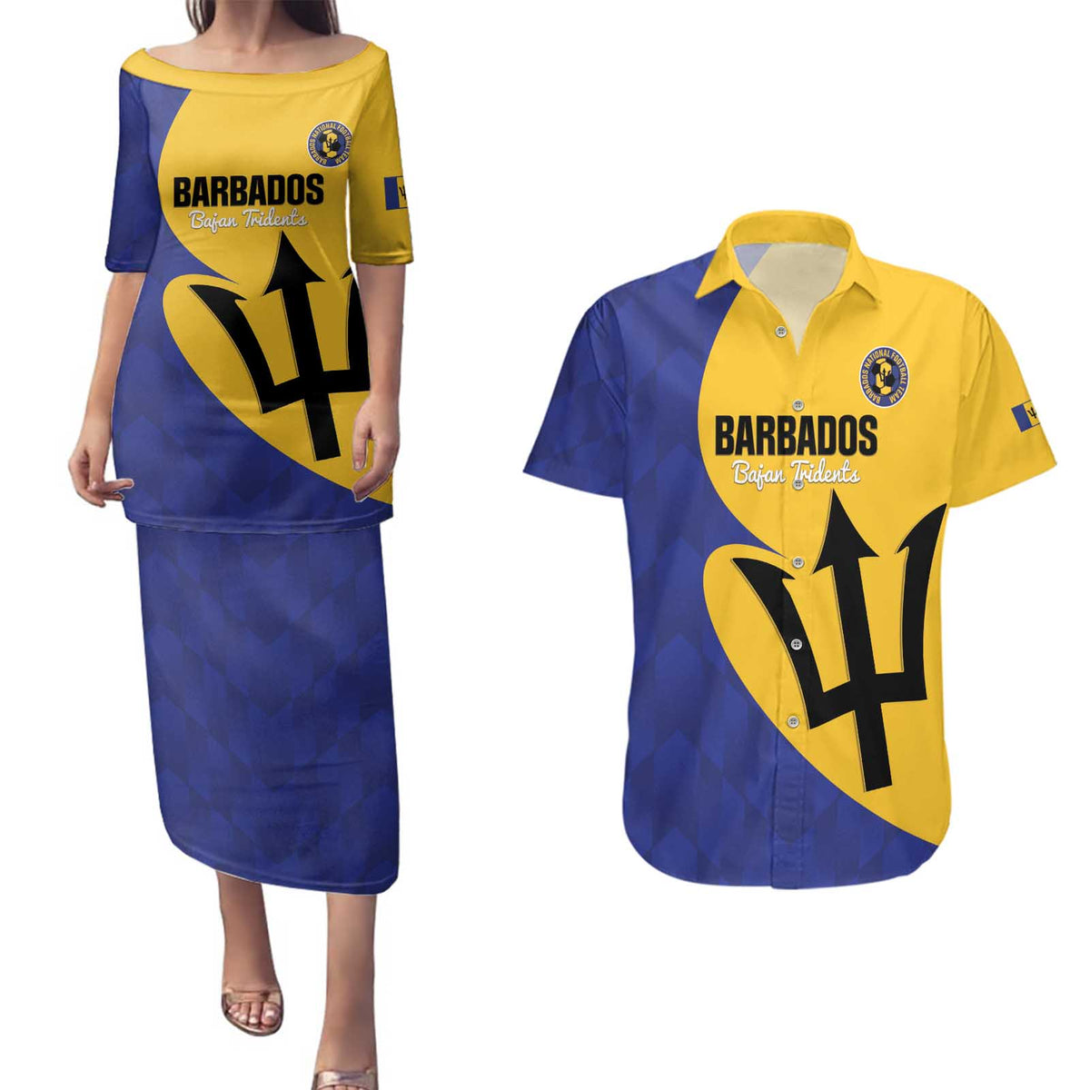 Custom Barbados Football Couples Matching Puletasi and Hawaiian Shirt Go Champions Bajan Tridents