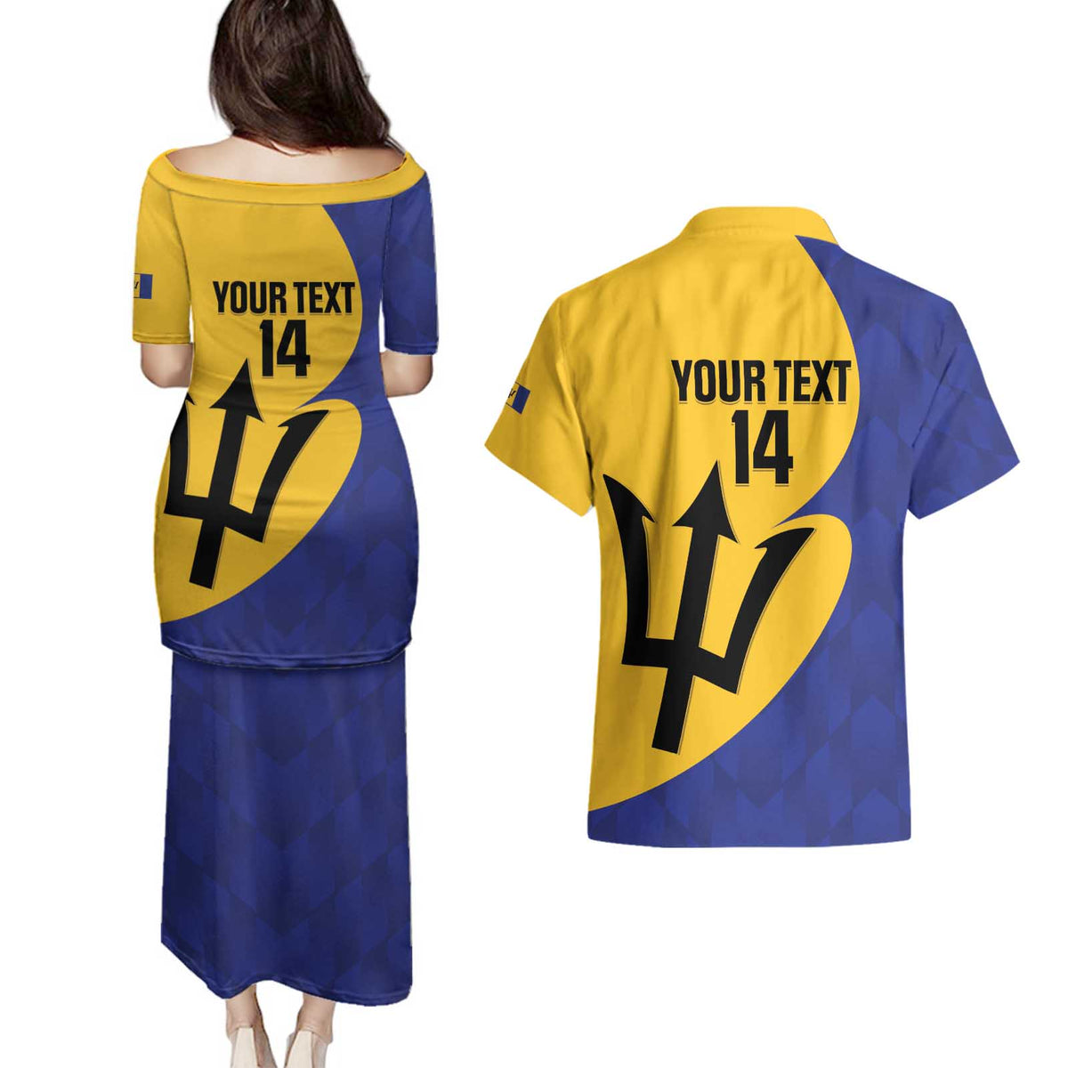 Custom Barbados Football Couples Matching Puletasi and Hawaiian Shirt Go Champions Bajan Tridents