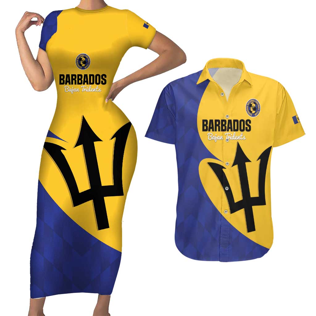 Custom Barbados Football Couples Matching Short Sleeve Bodycon Dress and Hawaiian Shirt Go Champions Bajan Tridents