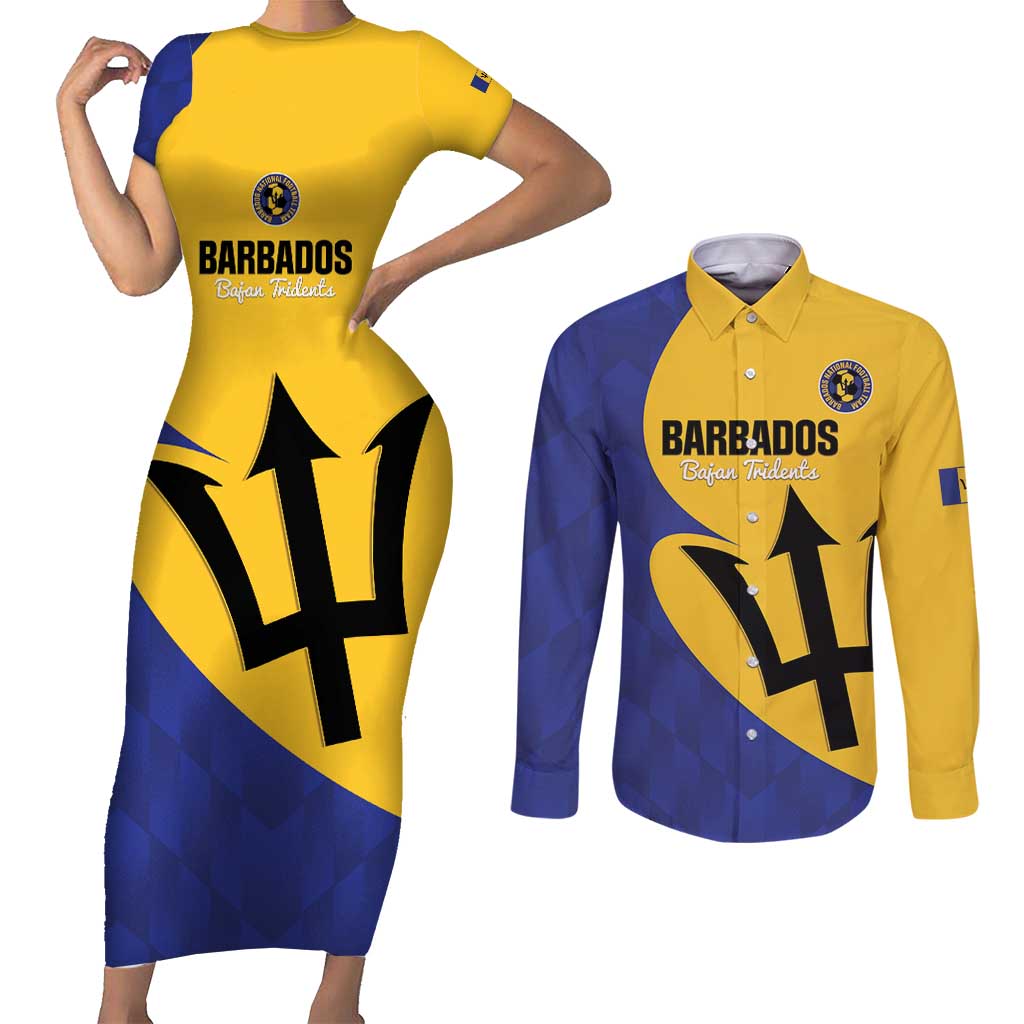 Custom Barbados Football Couples Matching Short Sleeve Bodycon Dress and Long Sleeve Button Shirt Go Champions Bajan Tridents