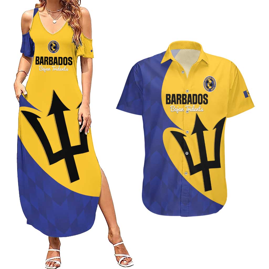 Custom Barbados Football Couples Matching Summer Maxi Dress and Hawaiian Shirt Go Champions Bajan Tridents