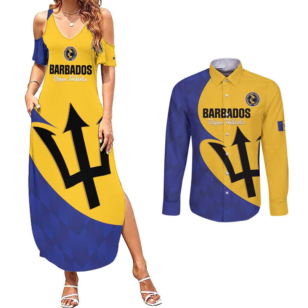 Custom Barbados Football Couples Matching Summer Maxi Dress and Long Sleeve Button Shirt Go Champions Bajan Tridents